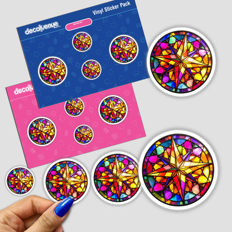 Compass Stained Glass Style stickers featuring vibrant star designs in a circle, reflecting a stained glass aesthetic. Available as physical stickers or digital artwork from Decal Venue.