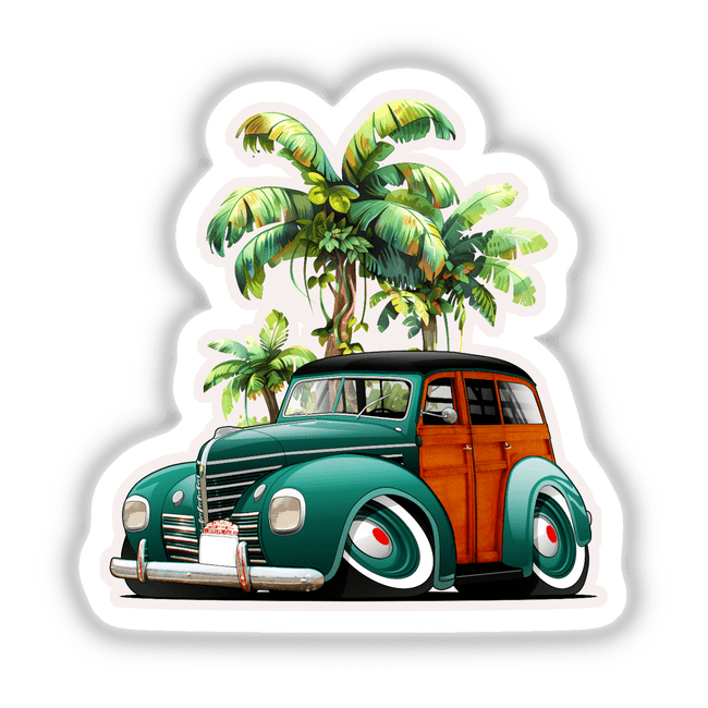 Green Woodie sticker or digital art featuring a cartoon car with palm trees, capturing a playful, retro vibe, ideal for decorating vehicles or digital collections.