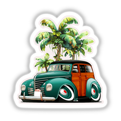 Green Woodie sticker or digital art featuring a cartoon car with palm trees, capturing a playful, retro vibe, ideal for decorating vehicles or digital collections.