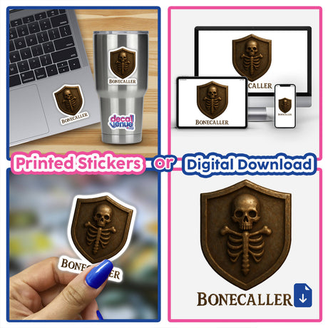 Bonecaller – RPG-Style Skill Badge featuring a bronze skeletal sigil crest; available as a sticker or digital artwork from Decal Venue, known for unique vinyl designs and digital art.
