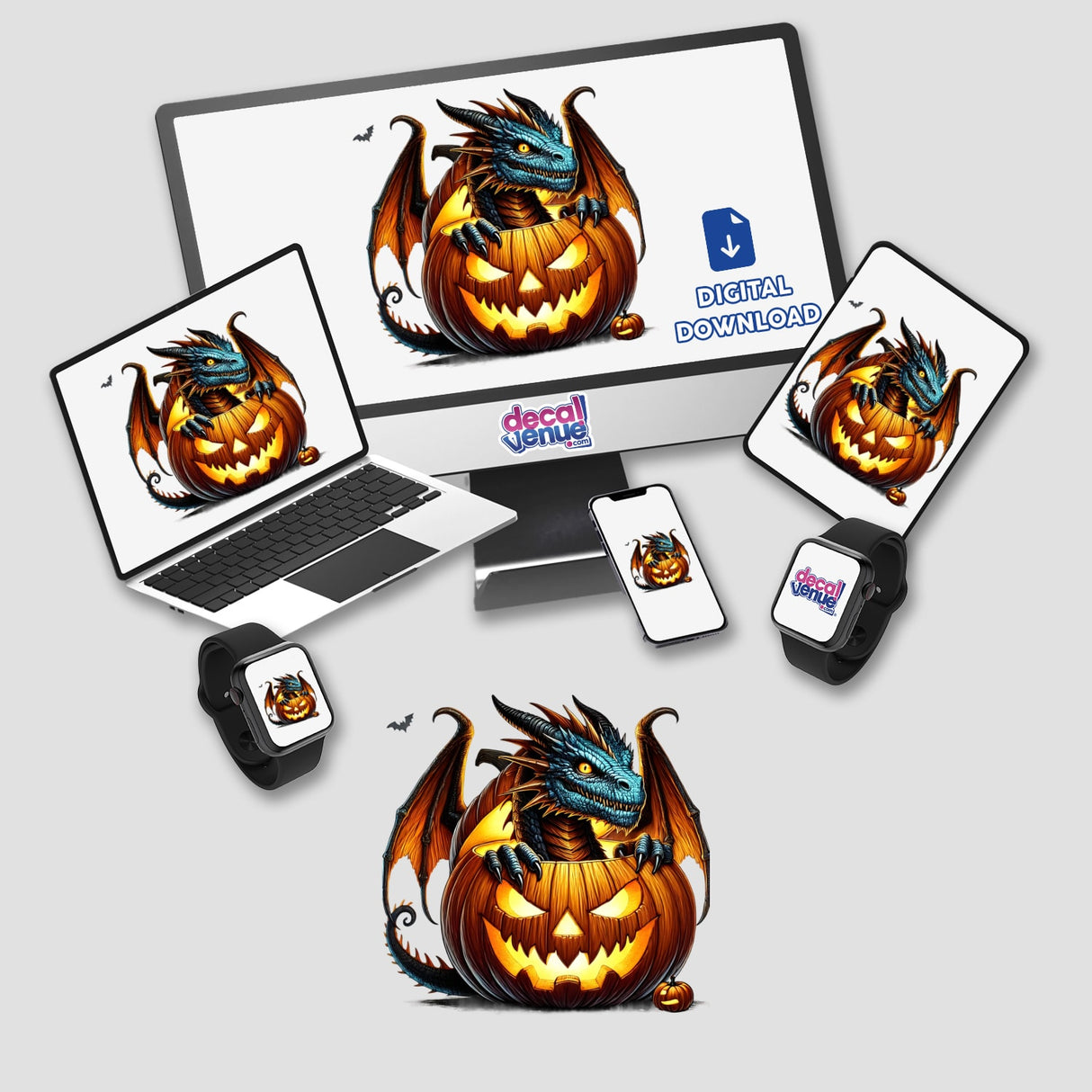 Colorful dragon peeking out of jack-o-lantern on digital devices, featuring Decal Venue branding for a spooky Halloween-themed sticker or artwork.