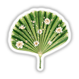 Chinoiserie Fan Leaf Palm features a green fan adorned with intricate white flowers, available as unique stickers or digital artwork from Decal Venue.