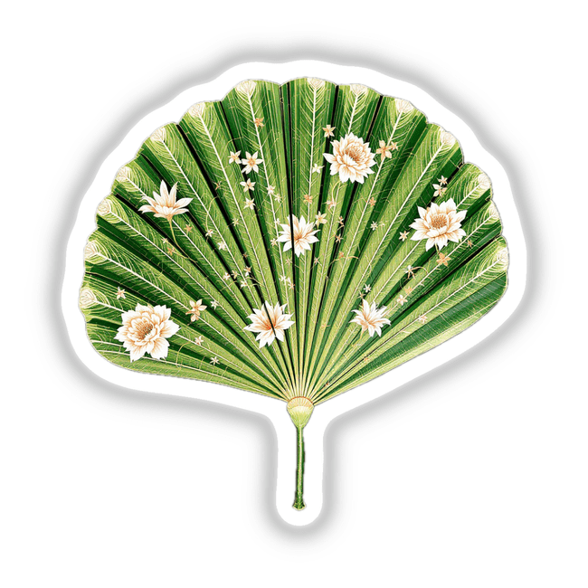 Chinoiserie Fan Leaf Palm features a green fan adorned with intricate white flowers, available as unique stickers or digital artwork from Decal Venue.
