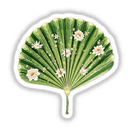 Chinoiserie Fan Leaf Palm features a green fan adorned with intricate white flowers, available as unique stickers or digital artwork from Decal Venue.