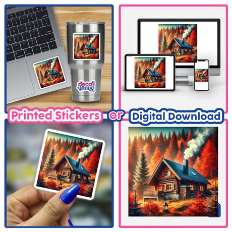 Collage showcasing 'Crisp Air - A Cozy Cabin with a Smoking Chimney' as stickers or digital artwork, featuring a laptop with the cabin image and a close-up of a finger painting.