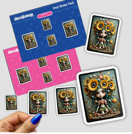 Sunflower Girl sticker features a whimsical cartoon girl with sunflowers in her hair, surrounded by floating orbs, embodying innocence and cosmic wonder, available at Decal Venue.