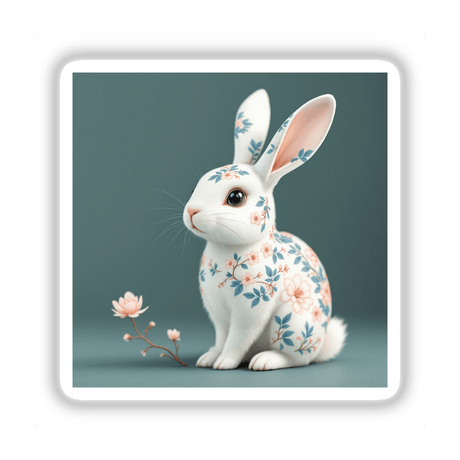 Chinoiserie Rabbit sticker or digital artwork featuring a white bunny adorned with intricate blue and pink floral patterns, showcasing Decal Venue's unique artistic style.