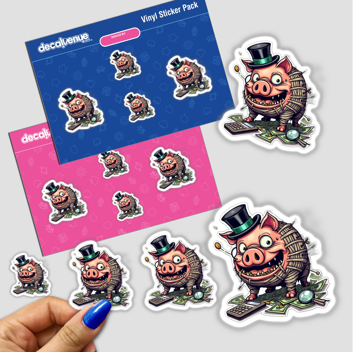 Porco Cofre sticker pack featuring cartoon pigs in hats holding money; stickers available as physical or digital artwork.