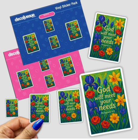 God Will Meet Your Needs Christian Sticker or Clipart featuring Philippians 4:19, adorned with floral art, available as stickers or digital artwork with commercial rights.