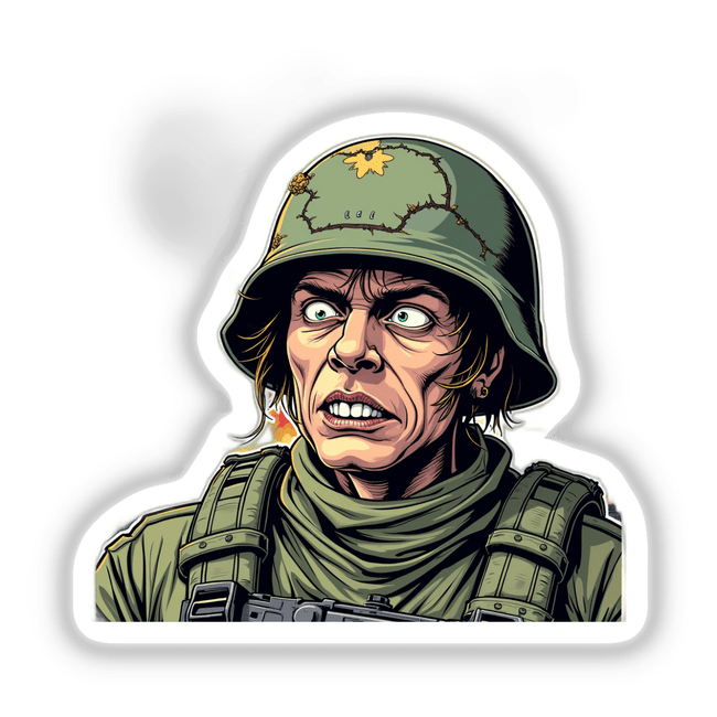Cartoon of a man wearing a helmet, titled Soldado Caolha. Available as stickers or digital artwork from Decal Venue.
