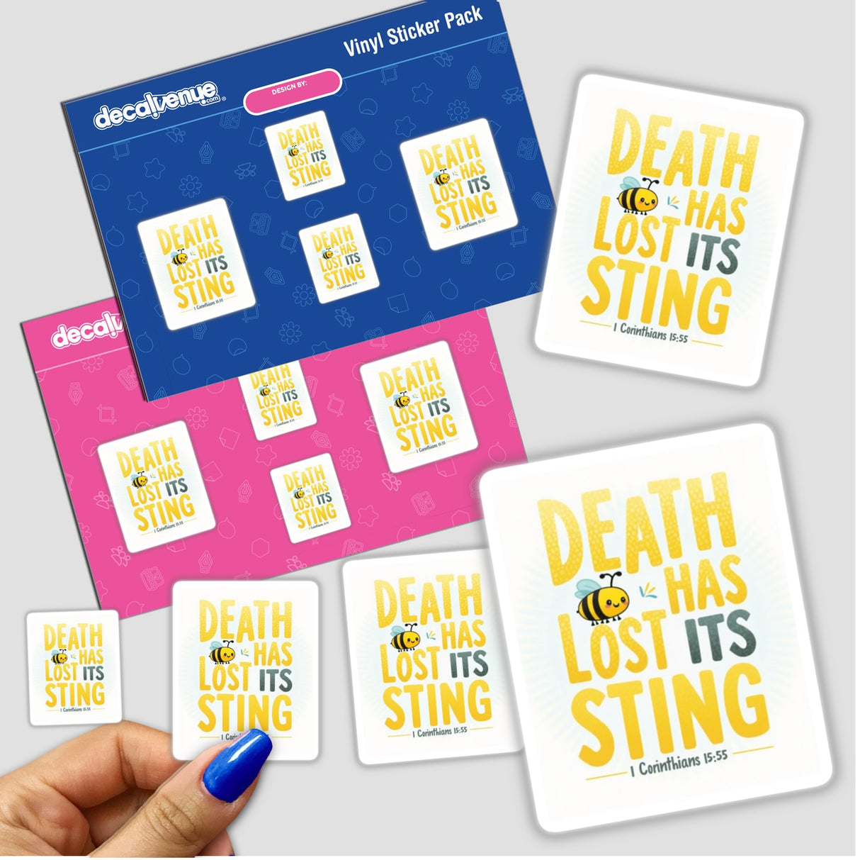 Hand holding 'Death Has Lost Its Sting' Bee Christian Sticker, depicting 1 Corinthians 15:55 design, available as stickers or digital artwork for Resurrection Sunday. Ideal for commercial use.