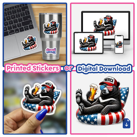 Black Bear American Flag Float Merica collage: bear with sunglasses holding beer, bear on laptop and computer, hand holding bear sticker, bear on float. Available as stickers or digital artwork.