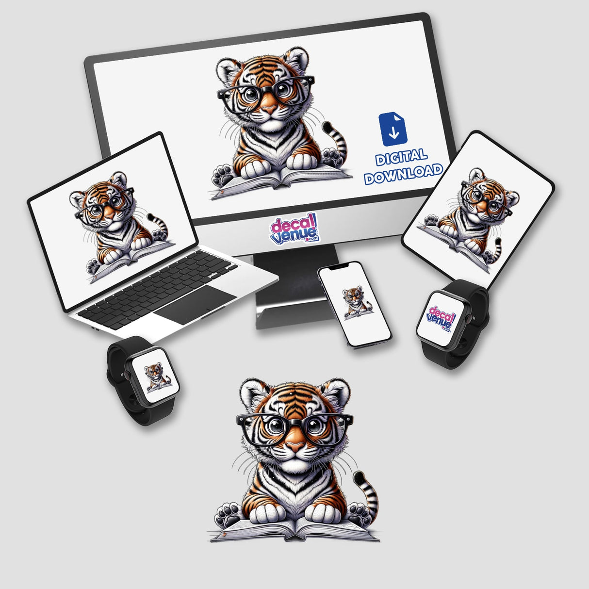 Tiger With Reading Glasses Open Book