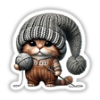 Scottish Fold Cat Gnome holding a ball of yarn, illustrated in a whimsical cartoon style, available as stickers or digital artwork.