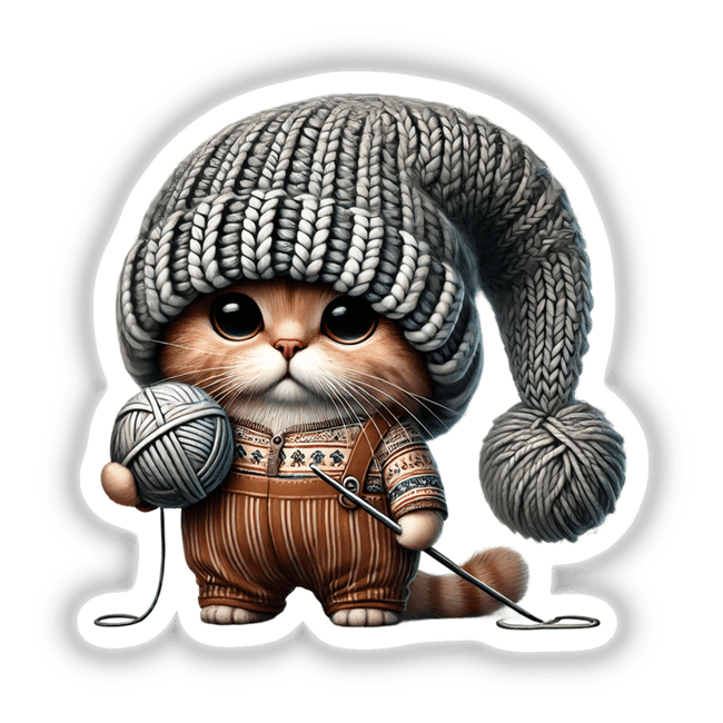 Scottish Fold Cat Gnome holding a ball of yarn, illustrated in a whimsical cartoon style, available as stickers or digital artwork.