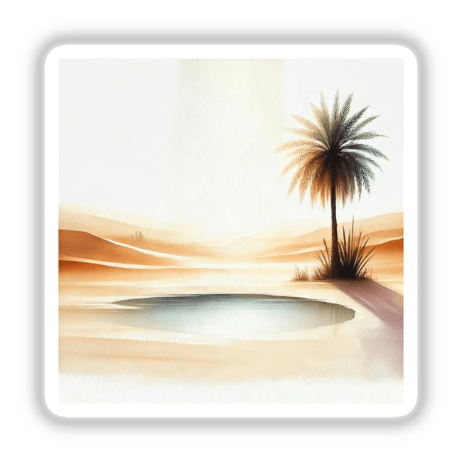 Desert Oasis - Serene Boho Watercolor Scene: A tranquil pool in the desert with a palm tree nearby, available as stickers or digital artwork from Decal Venue.