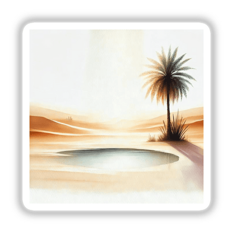 Desert Oasis - Serene Boho Watercolor Scene: A tranquil pool in the desert with a palm tree nearby, available as stickers or digital artwork from Decal Venue.