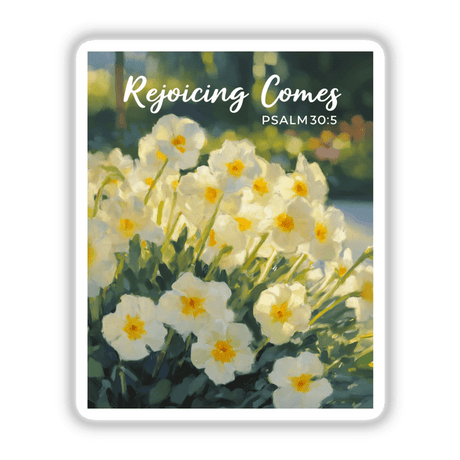 Primrose Rejoicing Comes Sticker or Clipart, showcasing a close-up of white flowers, embodying Psalm 30:5. Available as unique vinyl stickers or digital artwork for commercial use.