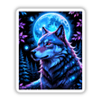 Digital art titled A Wolf In The Night With A Bright Moon, featuring a wolf gazing at a moon, available as stickers or digital artwork from Decal Venue.