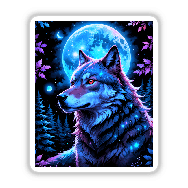 Digital art titled A Wolf In The Night With A Bright Moon, featuring a wolf gazing at a moon, available as stickers or digital artwork from Decal Venue.