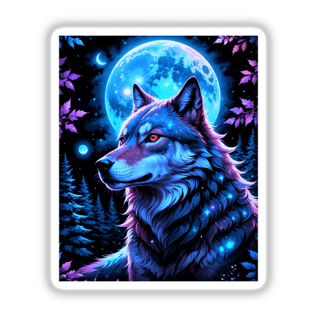 Digital art titled A Wolf In The Night With A Bright Moon, featuring a wolf gazing at a moon, available as stickers or digital artwork from Decal Venue.