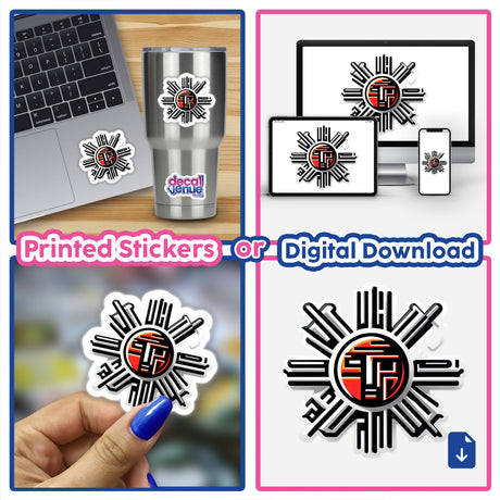 Collage featuring a laptop adorned with Sun sticker, a person holding another Sun sticker, and close-ups of digital artwork options from Decal Venue.