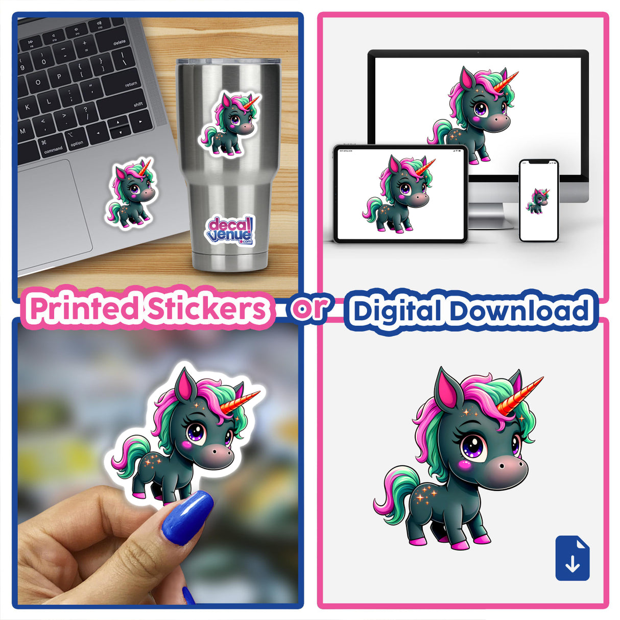 Collage featuring the Cute And Magical Pony Unicorn in various cartoon styles, showcased as both stickers and digital artwork, highlighting the whimsical and artistic nature of Decal Venue's unique collection.