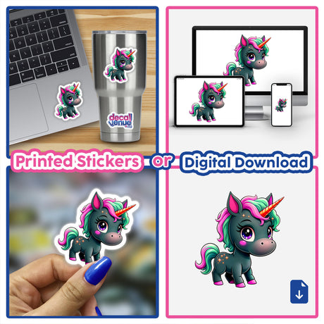Collage featuring the Cute And Magical Pony Unicorn in various cartoon styles, showcased as both stickers and digital artwork, highlighting the whimsical and artistic nature of Decal Venue's unique collection.