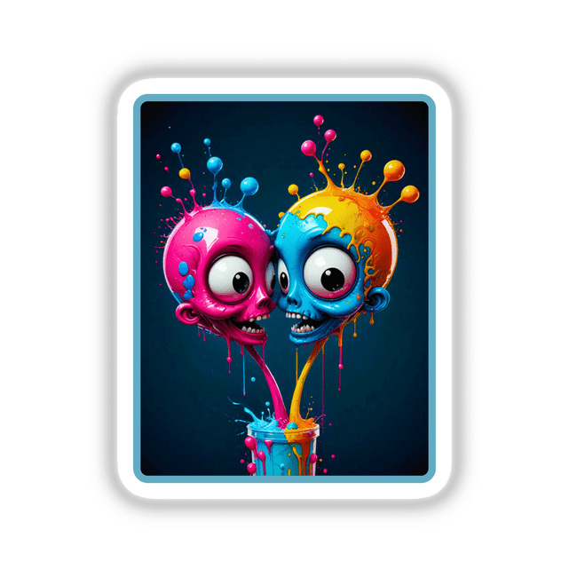 Splash Art Alien Invasion: Two Heads features vibrant cartoon skulls with expressive eyes and colorful paint splashes, available as unique stickers or digital artwork.