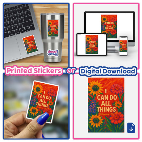 I Can Do All Things Christian Sticker or Clipart with Commercial Rights features Philippians 4:13 in elegant floral art, ideal for stickers or digital artwork from Decal Venue.