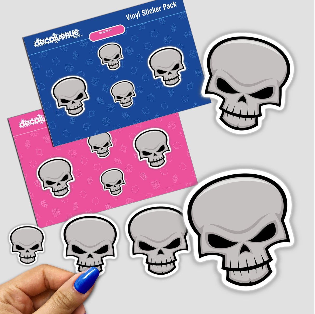 Evil Skull Design stickers featuring cartoon skulls with various details, available as unique vinyl stickers or digital artwork from Decal Venue.
