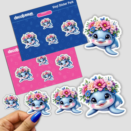 Happy Dolphin with a Flower Crown sticker pack featuring cartoon animals, emphasizing fun and positivity with vibrant designs perfect for decoration or digital projects.