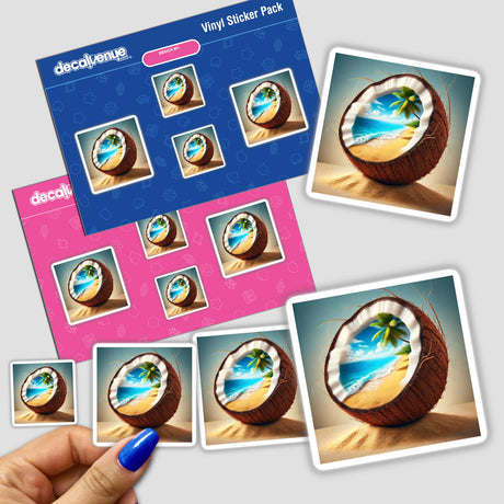 Tropical Escape Beach Paradise Inside a Coconut stickers featuring detailed illustrations of coconuts with beach scenes, palm trees, and ocean views. Available as unique stickers or digital artwork.