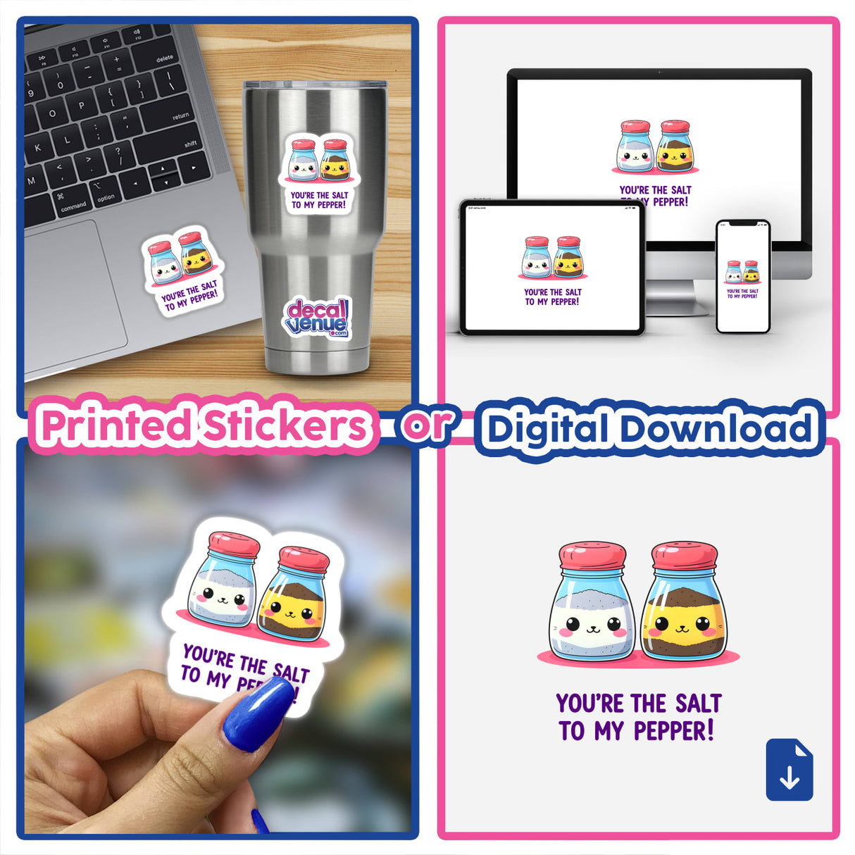 Collage featuring a laptop and silver cup adorned with You're The Salt To My Pepper stickers, emphasizing playful, romantic digital artwork available as stickers from Decal Venue.