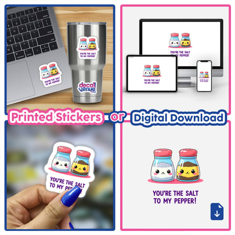 Collage featuring a laptop and silver cup adorned with You're The Salt To My Pepper stickers, emphasizing playful, romantic digital artwork available as stickers from Decal Venue.