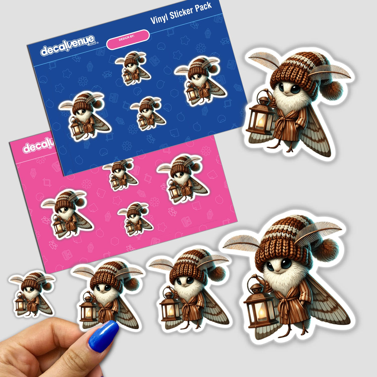 Moth Gnome Holding Lantern sticker, featuring a whimsical cartoon gnome with wings, a hat, and a lantern, available as a sticker or digital artwork from Decal Venue.
