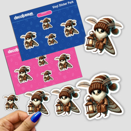 Moth Gnome Holding Lantern sticker, featuring a whimsical cartoon gnome with wings, a hat, and a lantern, available as a sticker or digital artwork from Decal Venue.