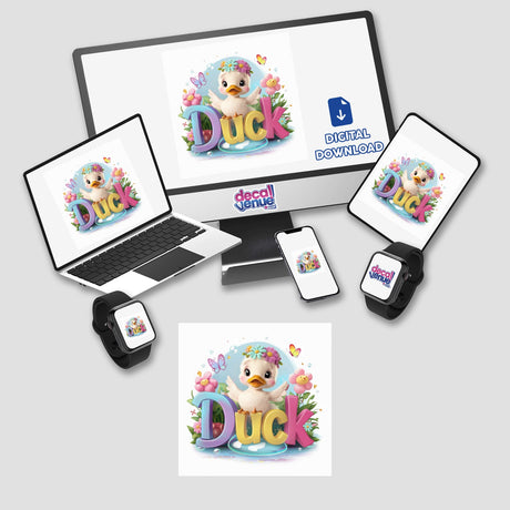 Playful digital artwork featuring a cute duck surrounded by colorful flowers and leaves, available as stickers or a digital download from Decal Venue's online store.