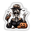 Spooky Halloween skeleton lady holding pumpkins and drink, surrounded by bats