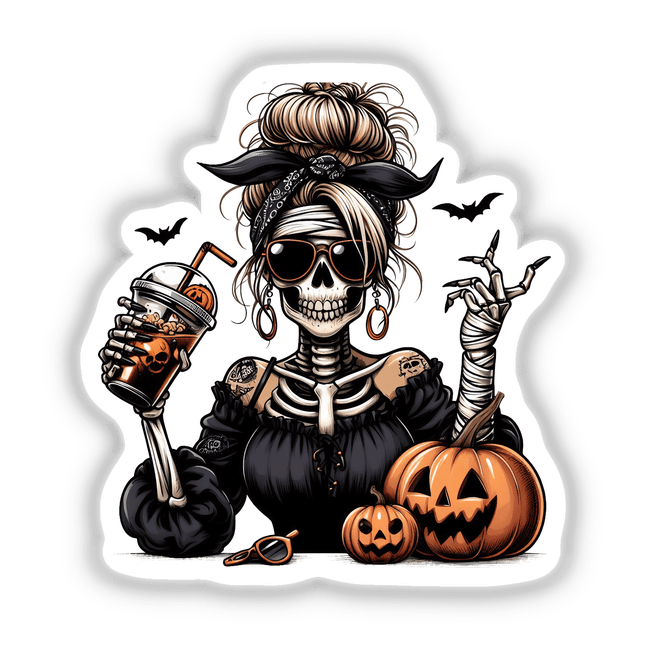 Spooky Halloween skeleton lady holding pumpkins and drink, surrounded by bats
