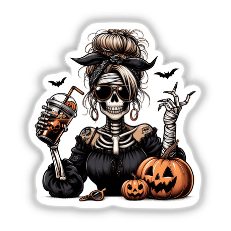 Spooky Halloween skeleton lady holding pumpkins and drink, surrounded by bats