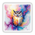 Owl Alcohol Ink Design featuring a vividly painted owl with striking yellow eyes. Available as unique stickers or digital artwork, reflecting Decal Venue's specialty in distinctive art pieces.