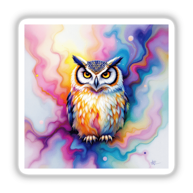 Owl Alcohol Ink Design featuring a vividly painted owl with striking yellow eyes. Available as unique stickers or digital artwork, reflecting Decal Venue's specialty in distinctive art pieces.