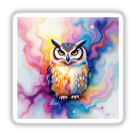 Owl Alcohol Ink Design featuring a vividly painted owl with striking yellow eyes. Available as unique stickers or digital artwork, reflecting Decal Venue's specialty in distinctive art pieces.