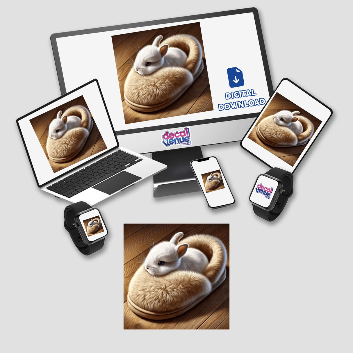 Rabbit Snuggled in a Fluffy Slipper digital artwork displayed on a computer monitor, laptop, and phone screen. Available as stickers or digital art from Decal Venue.