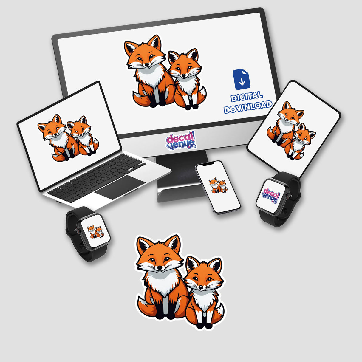 Cute pair of foxes digital artwork displayed on various electronic devices. These adorable fox stickers and graphics can be downloaded from the Decal Venue online store, which offers unique stickers and digital art created by talented designers.