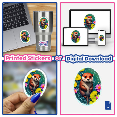 Cute Otter In The Water sticker collage showcasing various applications, including on a laptop and a cup, highlighting its versatility as both a sticker and digital artwork.