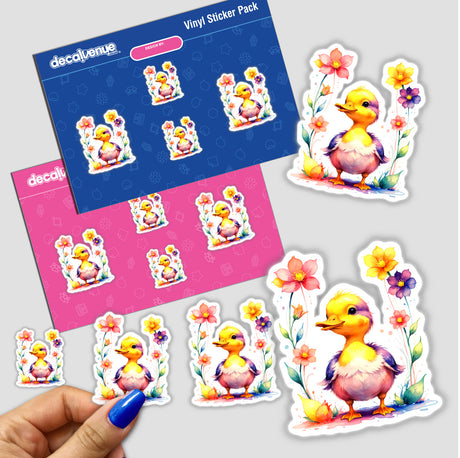 Cute baby duck with blooming flowers sticker, featuring cartoon ducks and floral designs, available as vinyl stickers or digital artwork from Decal Venue.