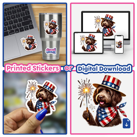 Chocolate goldendoodle dog wearing patriotic hat and holding sparkler, printed stickers or digital download, available at Decal Venue's online store.