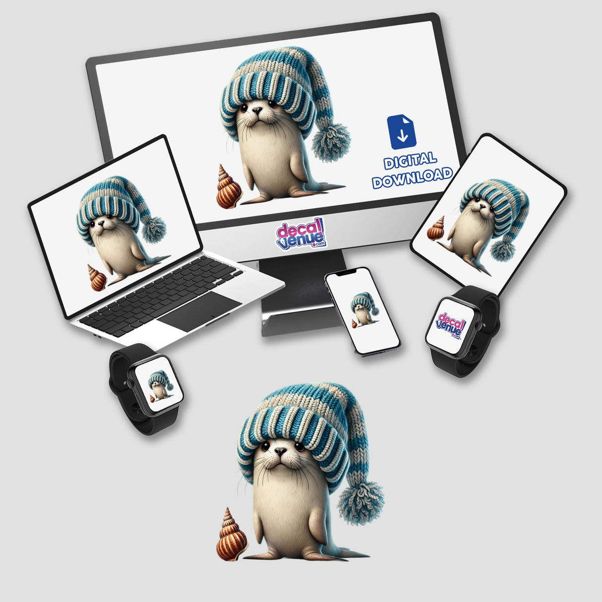 Cute winter gnome with seashell, available as sticker or digital download